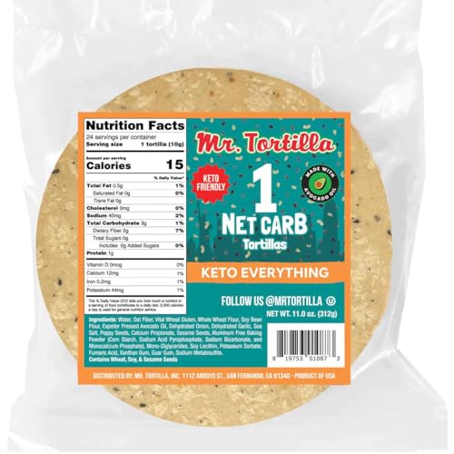 Mr. Tortilla Low Carb Tortilla Wraps - Keto Tortillas with Avocado Oil - Street Taco Size - 1 Net Carb per Serving - Low Calorie Keto Wraps - Low Carb Tortillas - (Everything Bagel, 24 Count)