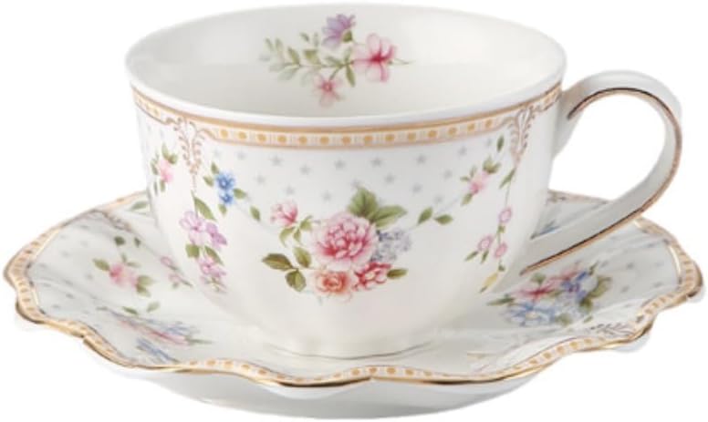 8 oz Vintage flower Ceramic cup and 6" saucer set with Brand customized stainless steel spoon Gifts for Afternoon Tea Coffee Hour (G)
