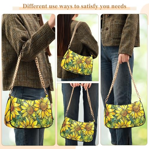 Sac à main matelassé jaune tournesols multi-poches avec chaîne