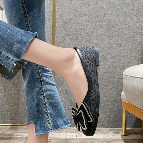 Women's Bow Flat Shoes for Dressy, Closed Square Toe Low Heel Ballet Flats, Comfortable Slip On Walking Shoes Dark Blue3