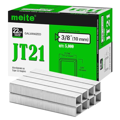 Image of meite JT21 Staples, 3 /8 Inch Galvanized Fine Wire Staples for Staple Gun - 7 /16 inch Crown JT21 Staple Refill, Ideal for Upholstery, Crafts, Furniture (10 Boxes)