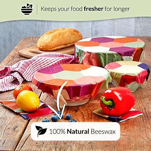 WAFE Beeswax Food Wrap Set of 3 + 3 Reusable Stretchy Silicone Lids, Food Wax Wraps - Eco Friendly Gifts Sandwich Wrappers - Cling Film Alternative Plastic Free Bowl Covers with eBook