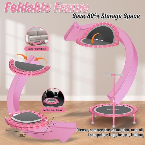 Image of ZCMHAXJ Foldable Mini Trampoline, 40 inch Rebounder Trampoline for Adults & Kids, 450lbs Capacity with T-Shaped Adjustable Bar, Indoor Fitness Workout Exercise Equipment