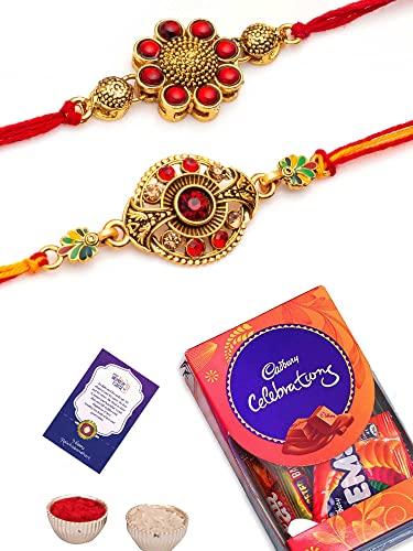 CraftVatika Rakhi for Brother Combo with Chocolate Candy Gift, Rakhi with chocolate Gift for Brother Bhai Bhabhi Kids, Rakshabandhan Set of 2 with Greeting Card, Roli chawal Rice Set