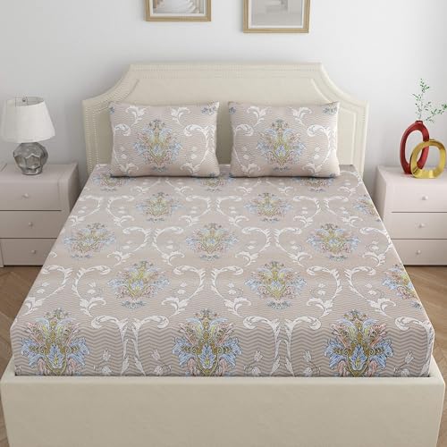 Image of Dreamscape Microfibre Wrinkle & Fade Resistant Fitted Bedsheet for King Bed, 140TC, 1 Fitted Bed Sheet (Size 72 x 78 inches + 12 inches Pocket) with 2 Pillow Covers, Beige