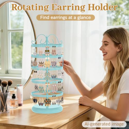 Image of MODOWEY Rotating Earring Holder Organizer Stand, 5 Tier Metal Tree Display for Women Vendors, 220 Holes Adjustable Jewelry rack for Stud Hoop Dangle Storage, Trendy Carousel Keeps Dresser Neat, Blue