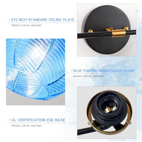 Image of Bathroom Light fixtures Over Mirror Mid Century Vanity Light with Blue Ribbed Glass Shade Globe Wall Sconce 2-Lights Modern Vanity Lights for Dining Room Bedroom Hallway Overhead