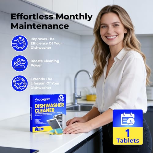 Image of Dishwasher Cleaning Tablets (24 Count) - with Fresh Lemon Scent Dishwasher Cleaner and Deodorizer, Deep Cleans & Descales, Fits All Dishwashers, Septic Safe, 12 Month Supply
