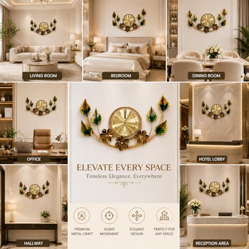Image of SHREE 'O' GREEN TECH - Large Metal Wall Clock with Golden Leaf Floral Design, Modern Luxury Wall Art for Living Room, Bedroom, Office and Hotel Interior Decoration, 31 x 20 Inch