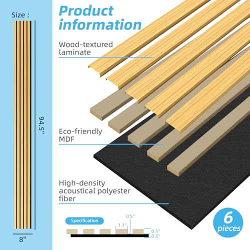 Image of Art3d 6-Pack Soundproof Wood Slat Wall Panel, 94.5 x 7.9 in, Bamboo-Hued