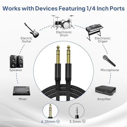 Image of Elebase 1 /4 Inch TRS Instrument Cable 3.3ft 2Pack,Straight 6.35mm Male Jack Stereo Audio Interconnect Cord,6.35mm Balanced Line for Electric Guitar,Bass,Keyboard,Mixer,Amplifier,Amp,Speaker,Equalizer