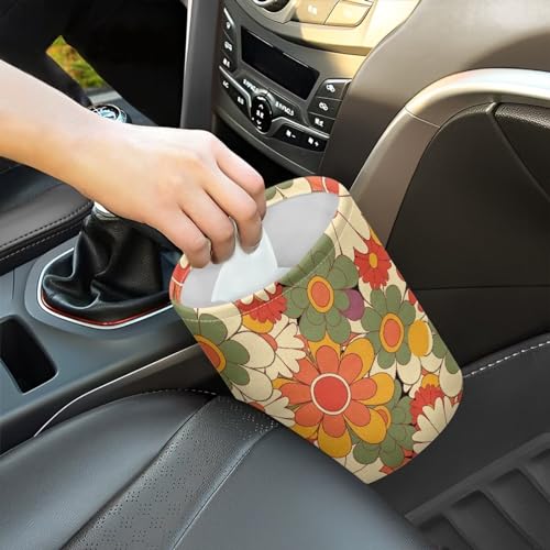 Image of Colorful Groovy Flower Print Portable Car Garbage Bin Reusable Collapsible Hanging Portable Dustbin Bin Waste Basket Car Accessories Interior for Car SUV Trucks Universal