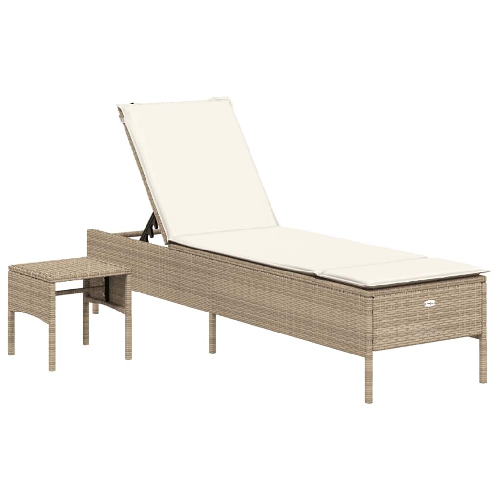 vidaXL Tumbona con cojín y mesita ratán sintético Beige, Tumbona de Exterior, Tumbona de jardín, Muebles de Exterior, Tumbona de Exterior