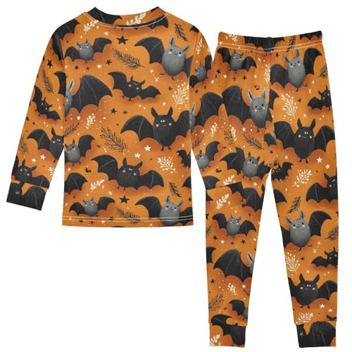 Pajama Sets Long Sleeve Flying Cute Bats on Orange Soft Comfy Sleepwear 2 Piece PJS 3-8T3