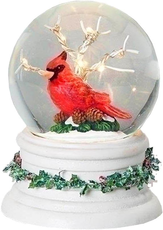 LED Glittery White Cardinal Snow Globe with Holly Trim