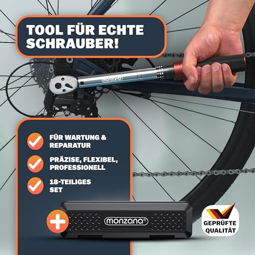 MONZANA® Fahrradmontageständer 30 kg mit Drehmomentschlüssel 1/4 Zoll Set Profi klappbar Tragetasche Reifenheber 1-25 Nm Bitset Transportbox