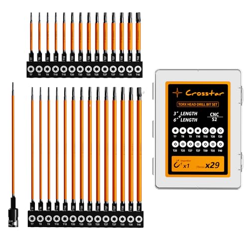 Image of Crosstar 3 inch and 6 inch Impact Long Torx Bit Set 29pc (TT7-TT40) S2 Steel Security Tamper Proof Star Bits, 1 /4 inch Hex-Shank Magnetic Holder & Storage Box w /Magnetizer