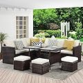 Wisteria Lane Patio Furniture Set, 7 Piece Outdoor Dining Sectional Sofa with Dining Table and Chair, All Weather Wicker Conversation Set with Ottoman, Brown