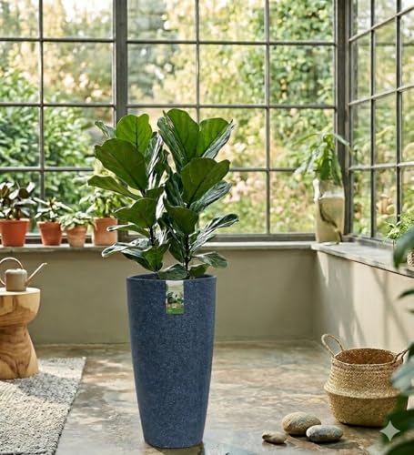 Image of Harshdeep Roto Planter - Venice - Indoor Outdoor Home Balcony Garden Decorative Round Durable Light Weight Stone Finish Plant Pot Dia 11 Inch Height 22 Inch (Midnight Stone)