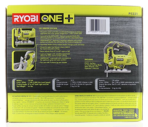 RYOBI One+ P5231 18V Lithium Ion Cordless Orbital T-Shaped 3,000 SPM Jigsaw (Battery Not Included, Power Tool and T-Shaped Wood Cutting Blade Only) - image 9