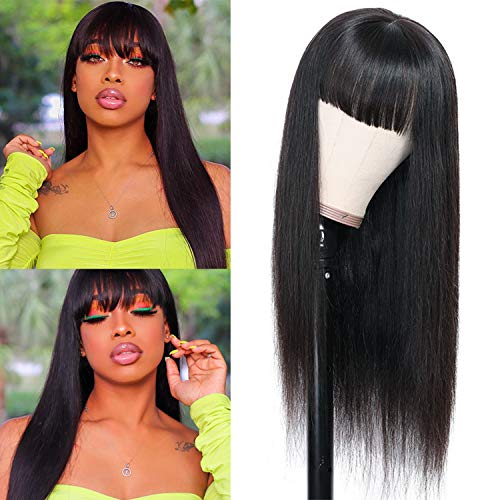Silky Brazilian Virgin Straight Human Hair Wigs with Bangs 24Inch 130% Density None Lace Front Glueless Machine Made Straight Hair Wigs for Fashion Women Natural color Middle Part (24Inch）