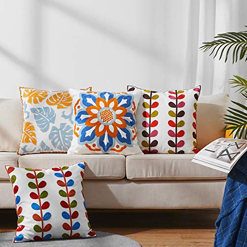 Kittmin Boho Pillow Covers, Decorative Pillowcase, Square Embroidery Throw Pillows Cushion Set For Sofa Couch Bed Bench Living Room, Modern Plant Floral Pattern, 18 X18 Inch (Sunflower And Leaf) #TOP2