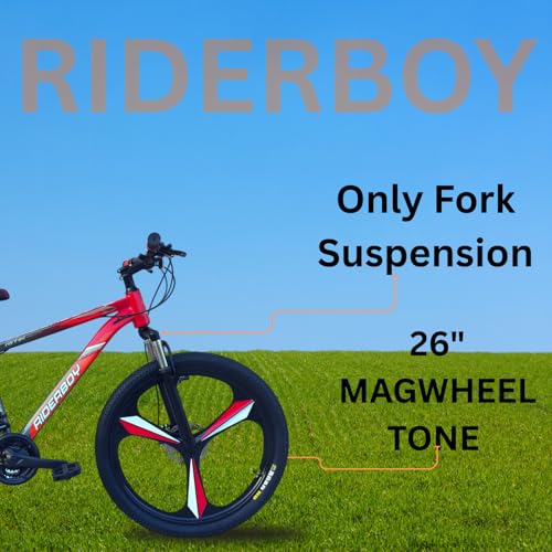 Image of RIDERBOY Mountain Cycle with Steel Frame, Disc Brake, Suspension Fork, 26 Inch, Single Speed, Red Grey, for Boys and Girls 13+ Years
