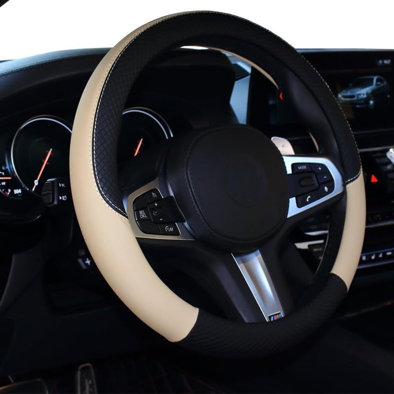Leather Steering Wheel Cover Fit 14.5-15 Inch Anti-Slip, Breathable, Heat Resistant - Car Accessories for Cars, SUVs & Sedans -114 Black Biege for Kia Carens-image-24