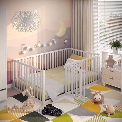 CADANI Teso Kinderbett 120x200 cm – Bodenbett & Laufgitter, geprüft nach EN 12227, Montessori Bett mit Tür & Rausfallschutz, 6 Varianten, Massivholz Kiefer, inkl. Lattenrost