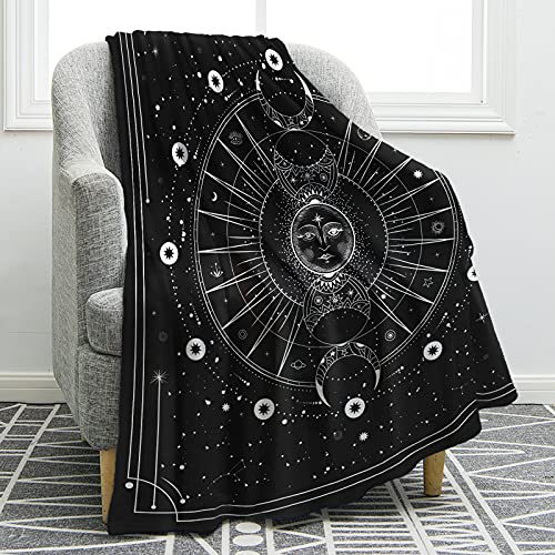Jekeno Sun Moon Blanket Stars Space Psychedelic Black And White Print Throw Blanket For Couch Bed Sofa Travelling Camping For Kids Adults 50"X60" #TOP20