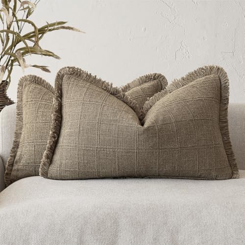 Image of Foindtower Set of 2 Decorative Linen Check Fringe Throw Pillow Covers Farmhouse Lumbar Cushion Covers Modern Boho Home Decor for Sofa Chair Couch Bedroom Living Room,12x20 Inch,Cocoa Brown