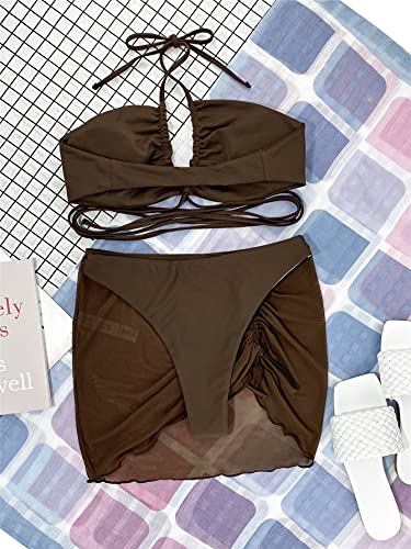 Makemechic Women's 3 Piece Swimsuit Criss Cross Halter Bikini Set Bathing Suit And Drawstring Beach Skirt Chocolate Brown M #TOP18