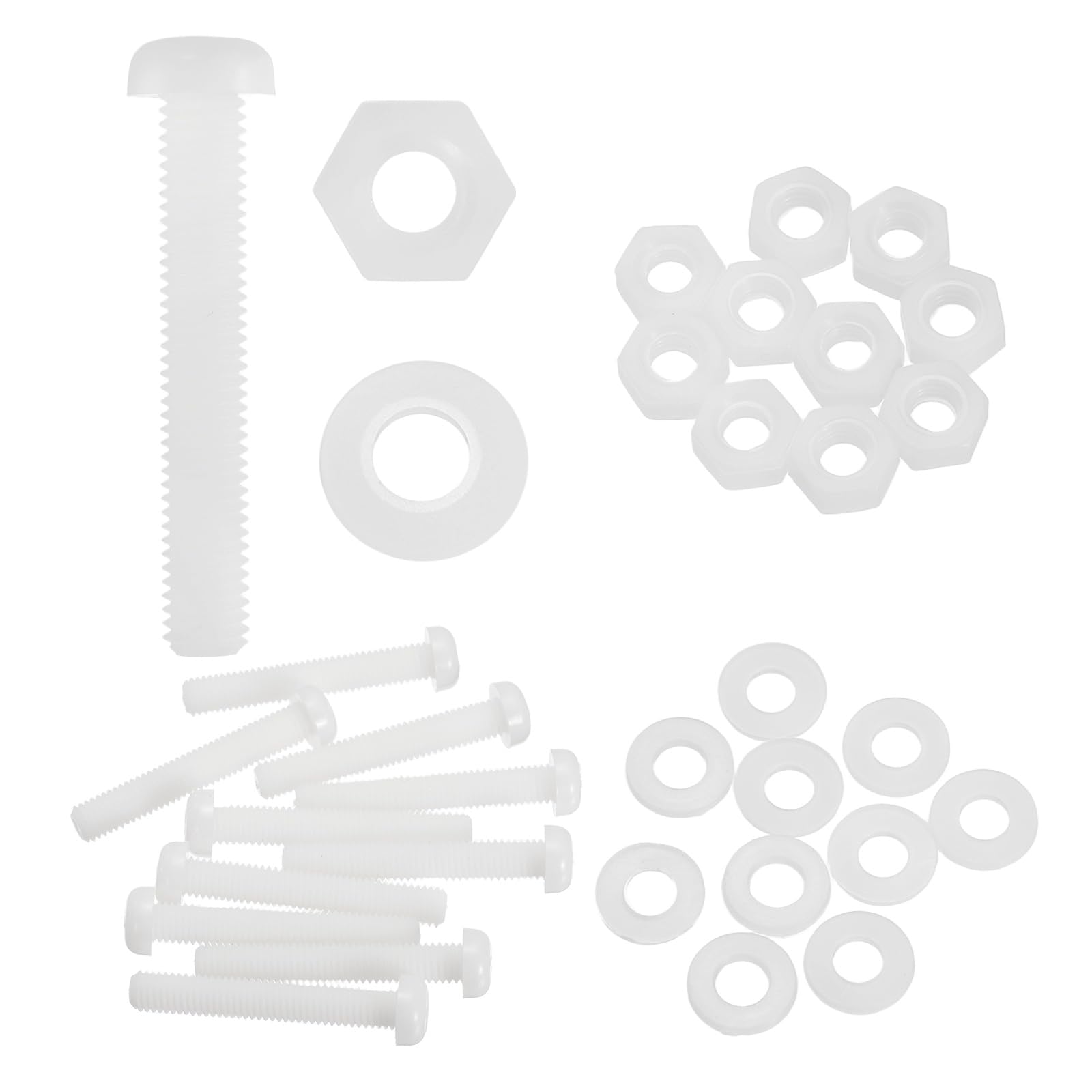 sourcing map 10 Set M8x50mm Nylon PA66 Plastic Cross Round Head Screw Phillips Bolts Hex Nuts Flat Washers Assortment Kit, Metric Full Thread Bolt Fasteners for DIY Machine Assembly, White