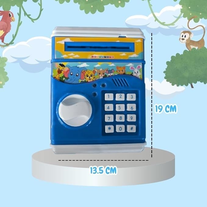 TOYIQ ATM Money Locker Piggy Bank Battery Operated Coin Bank with Automatic Door Open Electronics Security Lock & Password Key Toys for Kids (Blue) Colour