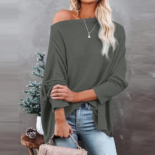 Women Off The Shoulder Sweater Oversized Waffle Knit Long Sleeve Shirt Boat Neck Batwing Tunic Pullover Sweaters Tops2