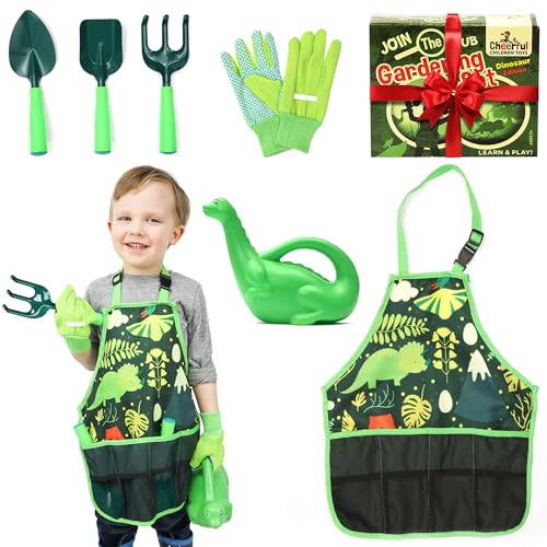 Kids Gardening Set – Gardening Tools for Kids with Watering Can, Shovels, Rake, Gloves & Apron – Planting Outdoor Activity Garden Toy Set for Girls & Boys Ages 3-7 (Dinosaur)