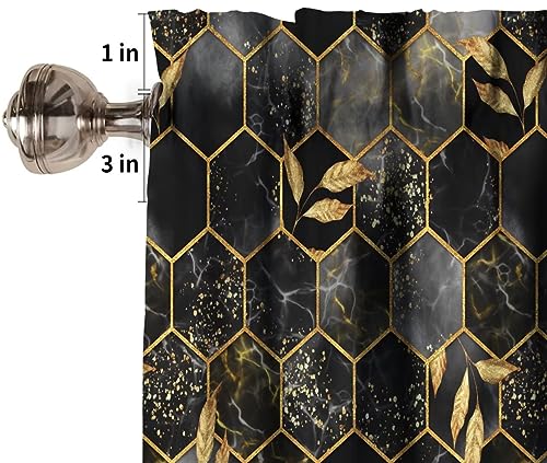 Image of Black Grey Marble Window Valance Curtain, Marble Hexagon Texture Golden Leaves Abstract Background Window Valances Treatments for Kitchen Living Room Cafe Decor 54'x18', 1 Panel