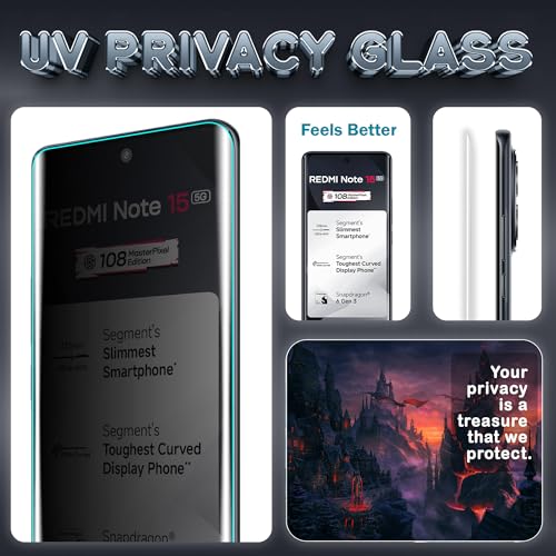 Image of ArmourPro UV Privacy Tempered Glass Screen Protector for Redmi Note 15 (6.8 Inch, Pack of 1) Full Edge to Edge Coverage | Anti-Spy /Anti-Peeping, 9H Hardness, Protection