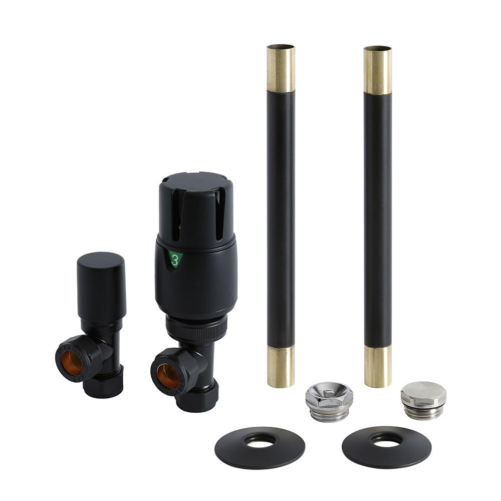 Milano Black - Modern Thermostatic Angled Radiator Valve And Pipe Set