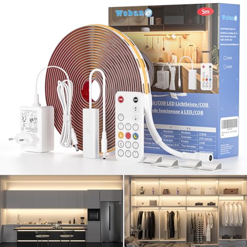 WOBANE Tira Led COB 5m 24V, Tira Led Regulable con Mando Distancia, CRI 90+, Tiras Led Alta Luminosidad Adhesivas con Enchufe para Cocina,Dormitorio,Armario,Estanteria,Espejo, Blanco Neutro 4000K