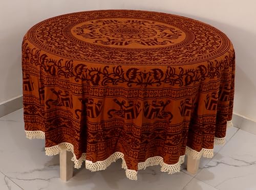 Image of Royal Home and Fashion Dining Round Tablecloth 100% Cotton Multicolor Floral Bird Printed 4-6 Seater Round Table Cover with White Fringed Lace Border 75 inch (Rust Multi- RHF-A3036)
