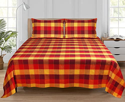 Image of AIRWILL, 200GSM Handloom Cotton Double Bedsheet with 2 Pillow Covers, Dobby Checks Designer Weaved Red, Yellow and Maroon Combo - Pack of 3 pcs
