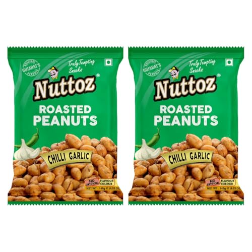 Image of Nuttoz Roasted Peanut Chilli Garlic - Pack of 2 (140gm each) | Jumbo Roasted Moongfali | Non Fried Ready to Eat Healthy Snack | Crunchy Snack and Namkeen