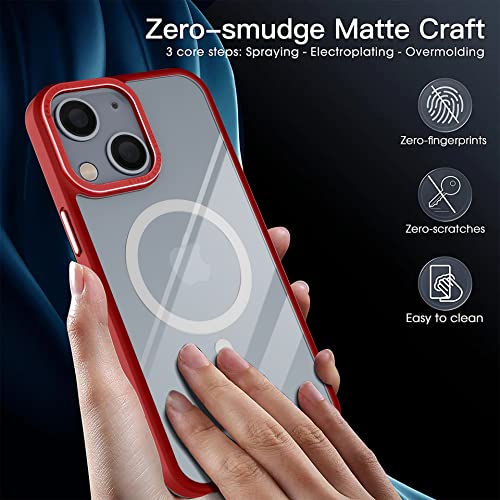 Image of Vaku Luxos Clear Armor MagPro for iPhone 14 Plus Cover Case, Shockproof, Scratch Resistant, Slim, Thin, Military-Grade Metal Ring Camera Protection, Compatible with MagSafe Back Cover - Red
