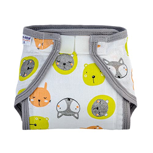 Image of Pom Pom Sweethearts Washable Reusable Printed Welcro Self Fastener Cotton Muslin Nappy, Langot For New Born Baby - Pack of 5 (Animal Face Print 1-3 Months)