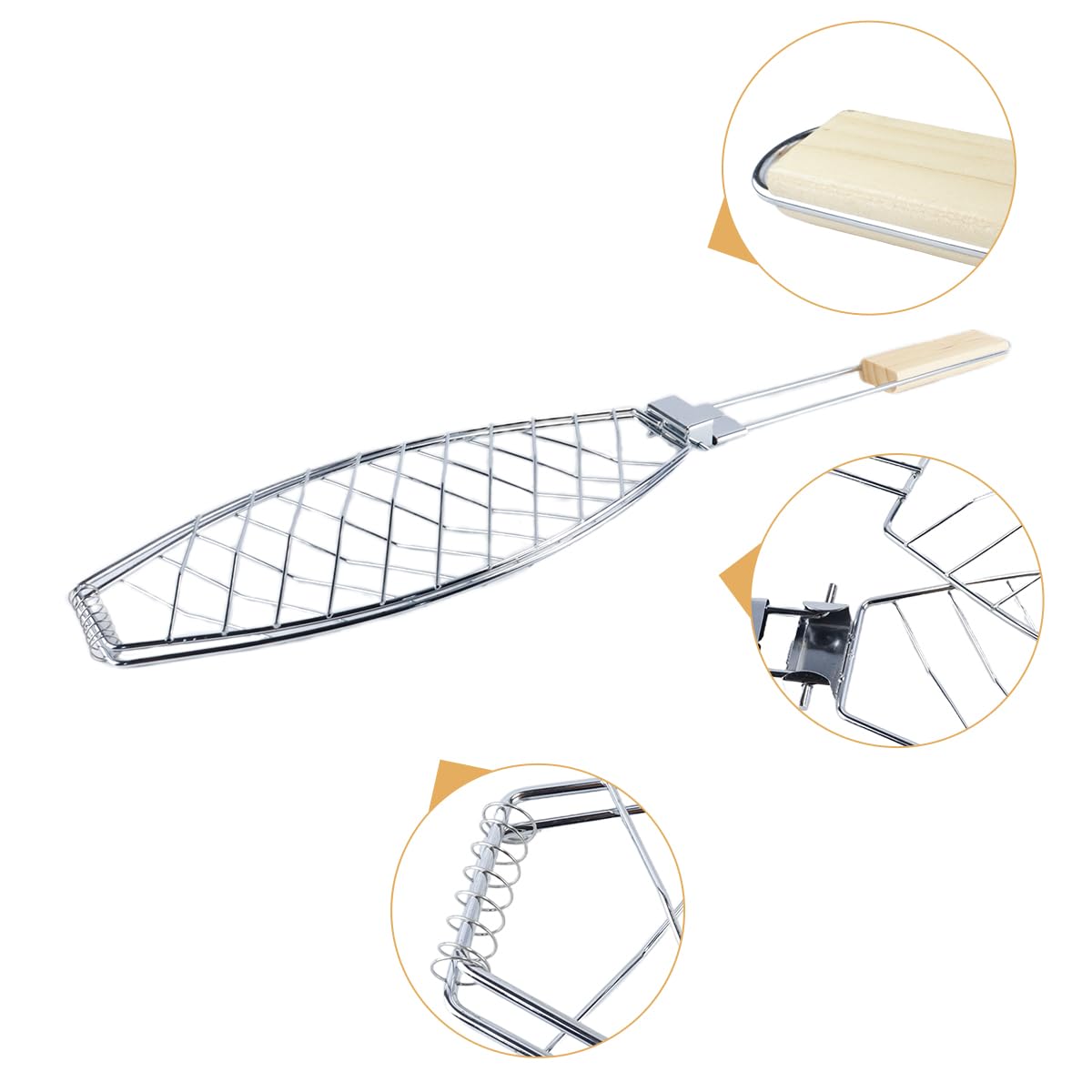 Arrostitore per pesce, supporto per griglia per pesce in acciaio inox con manico in legno, vassoio multifunzionale per barbecue per frutti di mare e verdure
