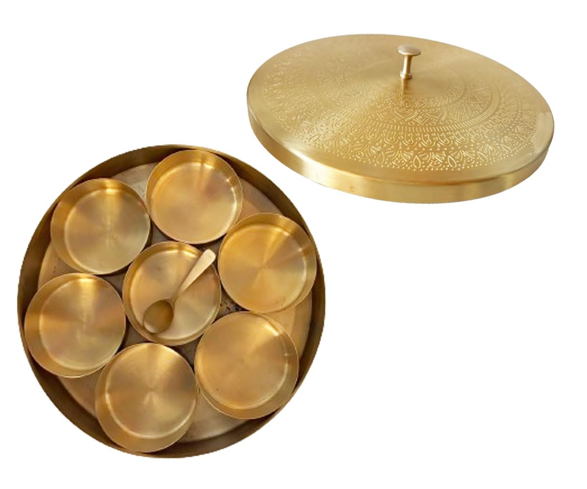 Brass Spice Box Set for Kitchen, Spice Box with 7 Detachable Spice Containers and 1 Spoon, Brass Masala Box