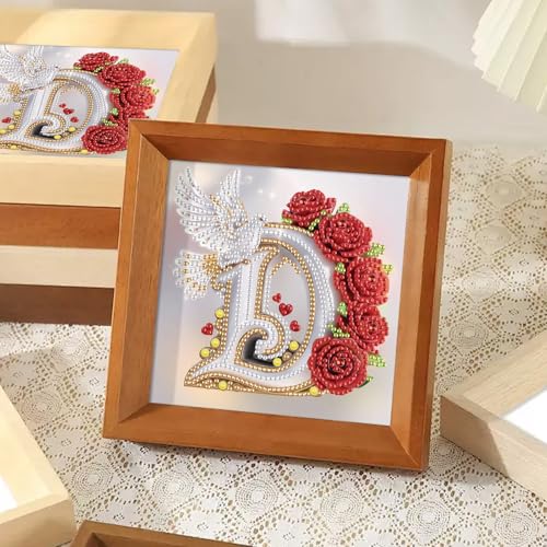 Image of AiYuanzsh 5D DIY Diamond Art Kits for Adults, Decorative Rose Dove Letter D Special Shape Diamond Painting, Floral Letter Diamond Art Crafts for Elegant Wall Display 17x17cm