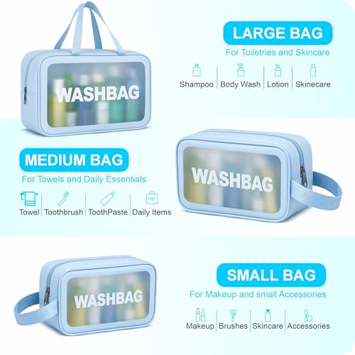 Image of FLYNGO Pvc Clear Makeup Pouch Set, Cosmetic Organizer Bag for Women and Girls Travel Waterproof Toiletry Storage Kit (Set of 3 Light Blue)