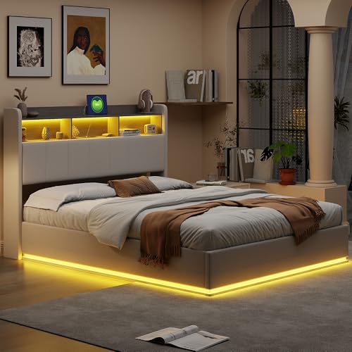 BRILVERDE Cama tapizada para cama doble de 160 x 200 cm, cabecero LED con espacio de almacenamiento y función de carga USB, cama de almacenamiento con somier, terciopelo, color blanco